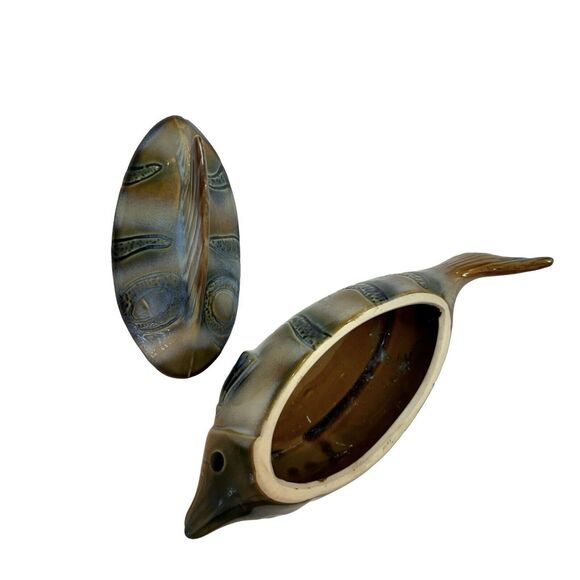 Art Glazed Pottery Fish Trinket Box Bowl With Lid Handmade Unmarked 7" - Picture 9 of 11